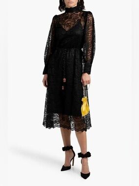 Farm Rio Corded Lace Tie Waist Midi Dress Black Mock Neck